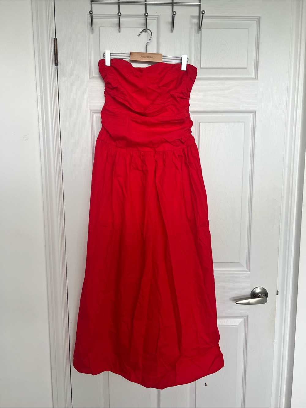 Strapless Red Ruched Bodice Evening Gown
